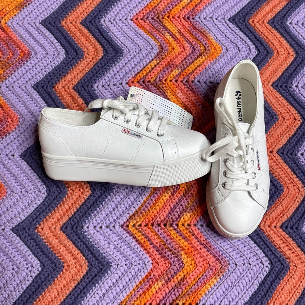 NEW White Leather Platform Superga Sneakers!